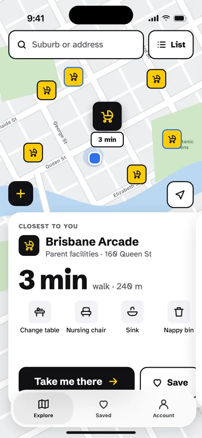 The app's map of nearby parents rooms, with the closest one a 3 minute walk away