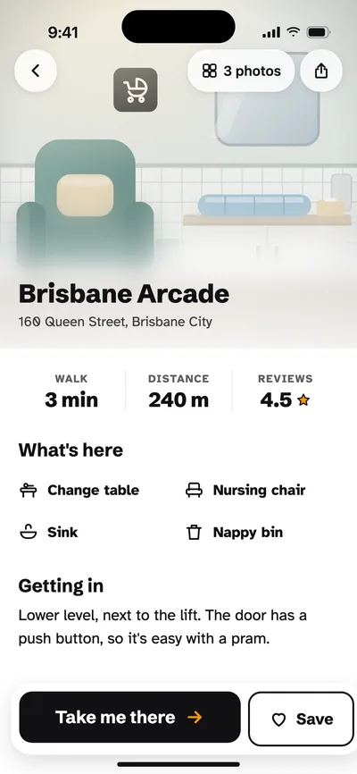 A room's page in the app, listing its change table, nursing chair, sink and nappy bin