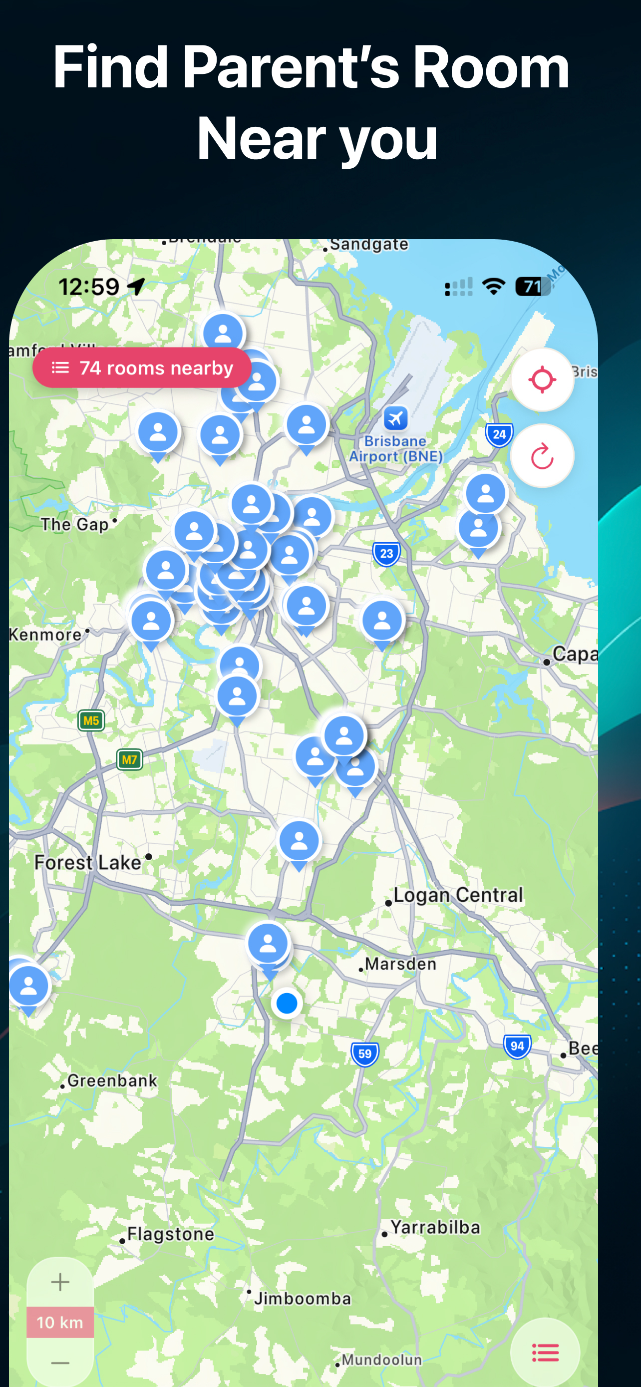 App screenshot - Find parent's room near you on map